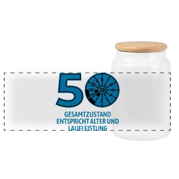 HU August 2026 - 50 Jahre - Geburtstag Geschenk - Panorama Keksdose mit Holzdeckel - Weiß - Vorne