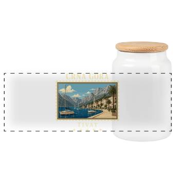 Montenegro Tivat Vintage Reisemarke - Panorama Keksdose mit Holzdeckel - Weiß - Vorne