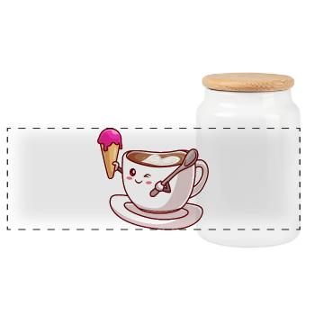 Kawaii-Kaffeekegel-Maskottchen - Panorama Keksdose mit Holzdeckel - Weiß - Vorne