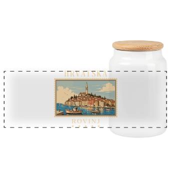 Kroatien Rovinj Vintage Reisemarke - Panorama Keksdose mit Holzdeckel - Weiß - Vorne