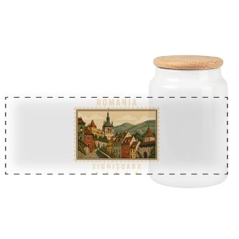 Rumänien Sighișoara Vintage Reisemarke - Panorama Keksdose mit Holzdeckel - Weiß - Vorne