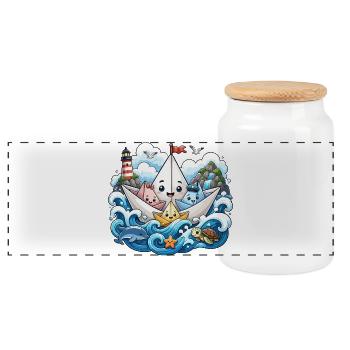 Papierboot Meeresabenteuer - Panorama Keksdose mit Holzdeckel - Weiß - Vorne