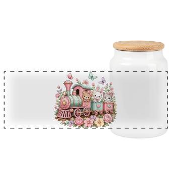 Pastel Train avec des Animaux et des Fleurs - Boîte à biscuits avec couvercle en bois - blanc - Devant