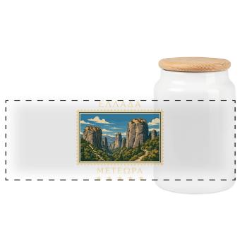 Griechenland Meteora Vintage Reisemarke - Panorama Keksdose mit Holzdeckel - Weiß - Vorne