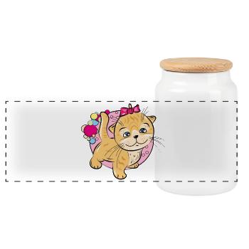 Playful Kitten with Pink Bow - Panoramic Cookie Jar with Wooden Lid - white - Front