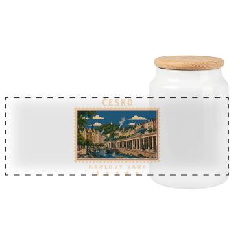Tschechien Karlovy Vary Vintage Reisemarke - Panorama Keksdose mit Holzdeckel - Weiß - Vorne