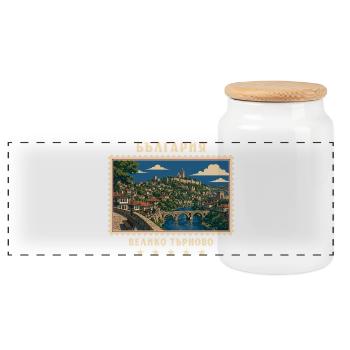 Bulgarien Veliko Tarnovo Vintage Reisemarke - Panorama Keksdose mit Holzdeckel - Weiß - Vorne
