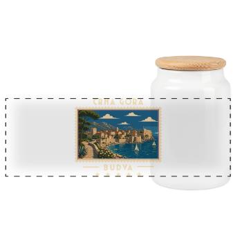 Montenegro Budva Vintage Reisemarke - Panorama Keksdose mit Holzdeckel - Weiß - Vorne