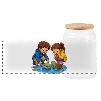 Kinder Schildkröte Blattboot in Pfütze Süß Motiv - Panorama Keksdose mit Holzdeckel - Weiß - Vorne
