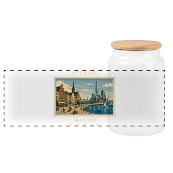 Schweden Malmö Vintage Reisemarke - Panorama Keksdose mit Holzdeckel - Weiß - Vorne