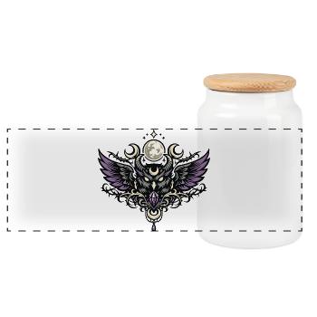 Moon Spirit Owl Emblem with Violet Crystal - Panoramic Cookie Jar with Wooden Lid - white - Front