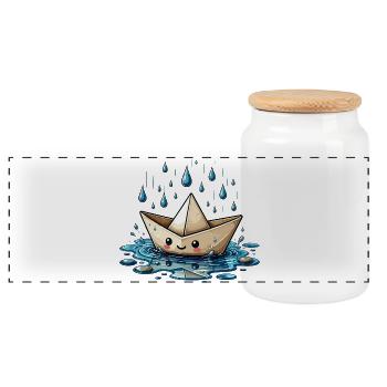 Origami boat in the rain - Panoramic Cookie Jar with Wooden Lid - white - Front