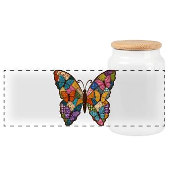 Patchwork Butterfly Quilt Style - Panoramic Cookie Jar with Wooden Lid - white - Front