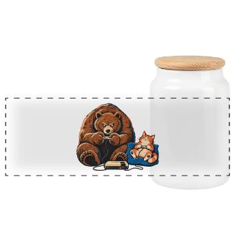 Bär & Katze beim Gaming – Gamer Team - Panorama Keksdose mit Holzdeckel - Weiß - Vorne