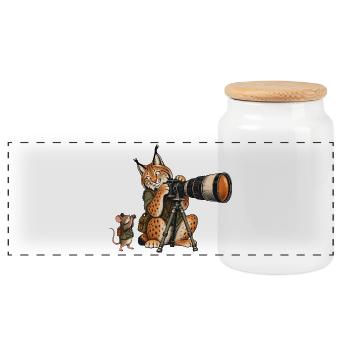 Luchs & Maus beim Fotografieren – Wald & Outdoor - Panorama Keksdose mit Holzdeckel - Weiß - Vorne