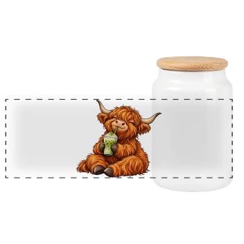 Highland Cattle mit Matcha Latte – Kuhmotiv - Panorama Keksdose mit Holzdeckel - Weiß - Vorne