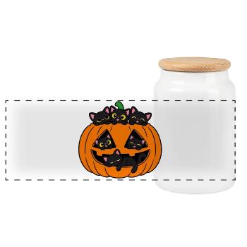 Katzen in einem Halloween-Kürbis - Panorama Keksdose mit Holzdeckel - Weiß - Vorne