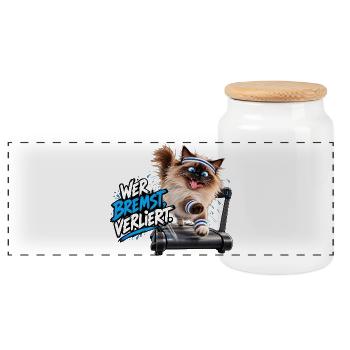 Wer bremst, verliert! – Verrückter Fitness-Kater - Panorama Keksdose mit Holzdeckel - Weiß - Vorne