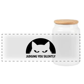 Cat Silent Judgment Black Humor - Panoramic Cookie Jar with Wooden Lid - white - Front