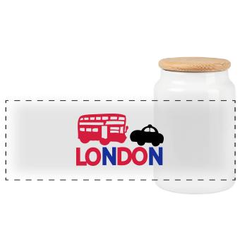 LONDON BLACK CAP& RED BUS - Panoramic Cookie Jar with Wooden Lid - white - Front