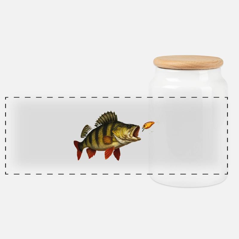 Perch at the Bite – Predatory Fish & Wobbler Design - Panoramic Cookie Jar with Wooden Lid - white
