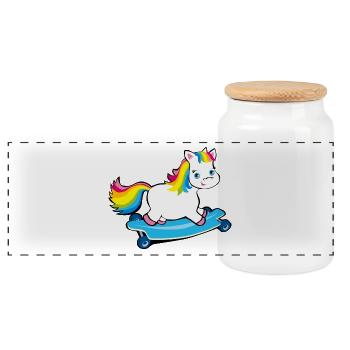 Einhorn Pummel Longboard in Regenbogenfarben - Panorama Keksdose mit Holzdeckel - Weiß - Vorne