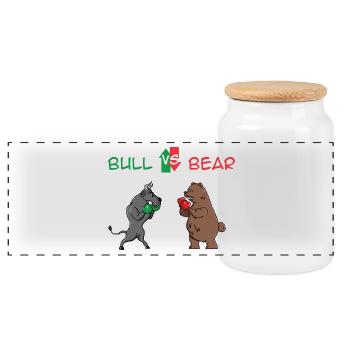 Bulle vs. Bär,Börse, Aktien,Geschenkidee - Panorama Keksdose mit Holzdeckel - Weiß - Vorne