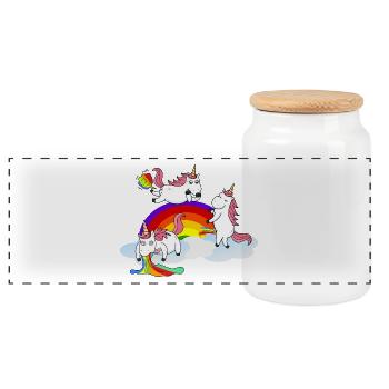 Unicorn peeing Farting puke - Panoramic Cookie Jar with Wooden Lid - white - Front