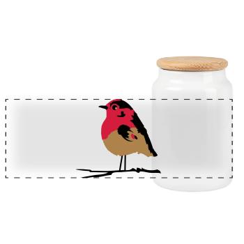A robin on branch - Panoramic Cookie Jar with Wooden Lid - white - Front