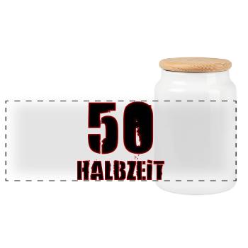 Geburtstag 50 - Halbzeit - Panorama Keksdose mit Holzdeckel - Weiß - Vorne