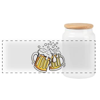 Two beer mugs with beer foam - beer - alcohol - Panoramic Cookie Jar with Wooden Lid - white - Front