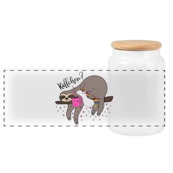 Käffchen Einhorn Faultier Kaffeetasse Büro Kaffee - Panorama Keksdose mit Holzdeckel - Weiß - Vorne