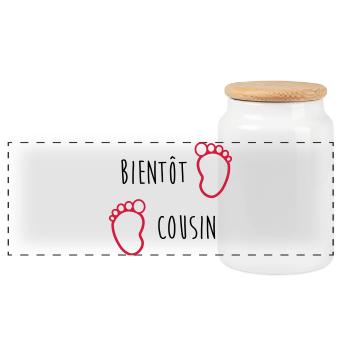 Bientôt Cousin / Cousine / Bébé / Naissance / Baby - Boîte à biscuits avec couvercle en bois - blanc - Devant