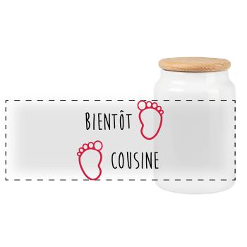 Bientôt Cousine / Cousin / Bébé / Naissance / Baby - Boîte à biscuits avec couvercle en bois - blanc - Devant