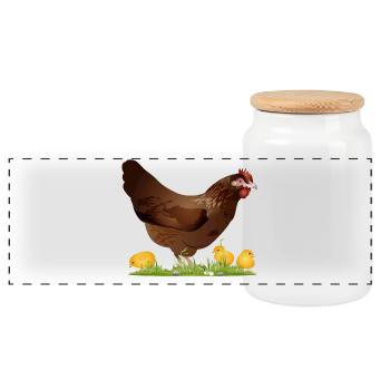 brown chicken with freshly hatched chicks - Panoramic Cookie Jar with Wooden Lid - white - Front