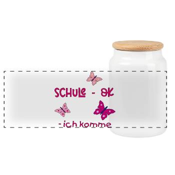 Schulanfang, Schmetterling - Panorama Keksdose mit Holzdeckel - Weiß - Vorne