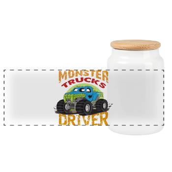 Monster Truck Driver Monster Truck Cartoon - Panoramic Cookie Jar with Wooden Lid - white - Front