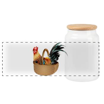 A magnificent colorful rooster sits in a basket - Panoramic Cookie Jar with Wooden Lid - white - Front