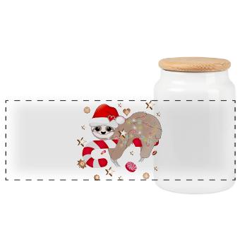 witziges Faultier mit Zuckerstange für Weihnachten - Panorama Keksdose mit Holzdeckel - Weiß - Vorne