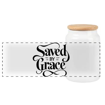 Saved by Grace Schriftzug Design - Panorama Keksdose mit Holzdeckel - Weiß - Vorne