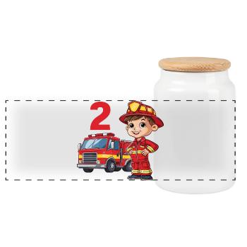 2 Anniversaire Camion de pompiers Pompier Pompiers - Boîte à biscuits avec couvercle en bois - blanc - Devant