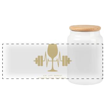Enjoyment and strength: wine and weights - Panoramic Cookie Jar with Wooden Lid - white - Front