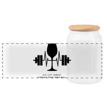Enjoyment and strength: wine and weights - Panoramic Cookie Jar with Wooden Lid - white - Front