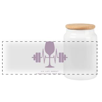 Enjoyment and strength: wine and weights - Panoramic Cookie Jar with Wooden Lid - white - Front