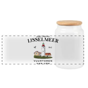 Urk Lighthouse, IJsselmeer Netherlands, Drawing - Panoramic Cookie Jar with Wooden Lid - white - Front