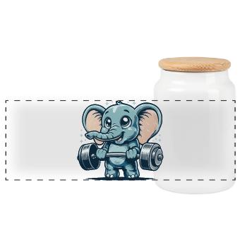 niedlicher Cartoon-Elefant macht Krafttraining - Panorama Keksdose mit Holzdeckel - Weiß - Vorne