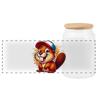Biber mit Baseballkappe - Panorama Keksdose mit Holzdeckel - Weiß - Vorne
