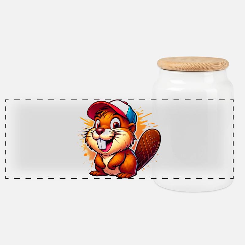 Biber mit Baseballkappe - Panorama Keksdose mit Holzdeckel - Weiß