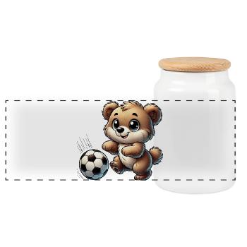 Ours joyeux jouant avec un ballon de football - Boîte à biscuits avec couvercle en bois - blanc - Devant