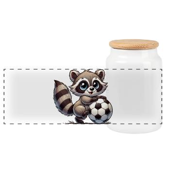 Joyeux raton laveur jouant avec un ballon de football - Boîte à biscuits avec couvercle en bois - blanc - Devant